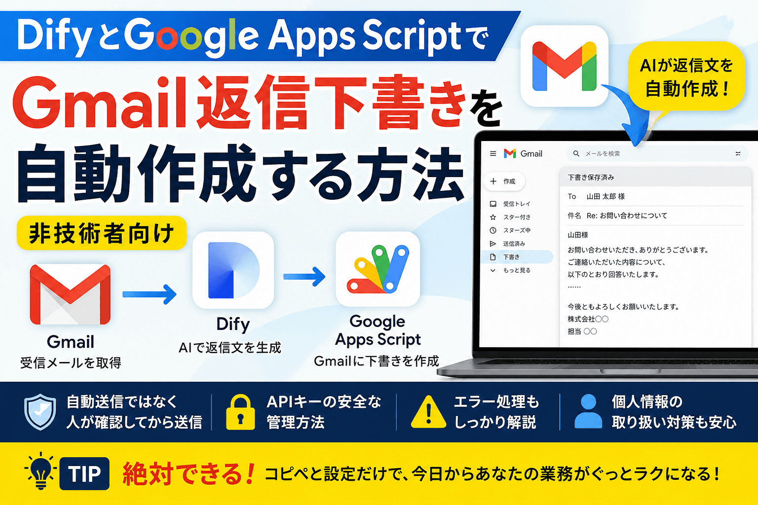 DifyとGoogle Apps ScriptでGmail返信下書きを自動作成する方法【非技術者向け】
